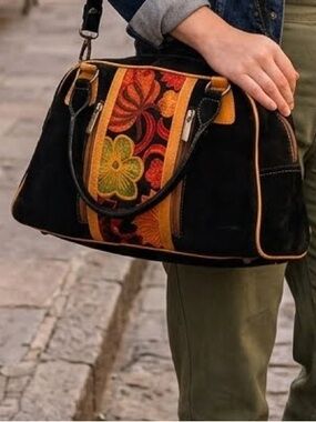 Handcrafted Ecuadorian Black Suede Shoulder Bag With Floral Embroidery